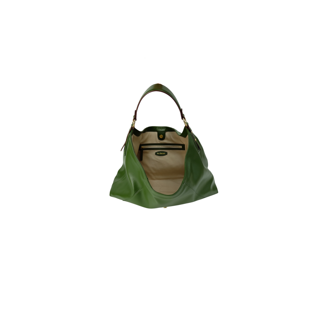 olive colored kaila katherine vegan leather boho bag with cream inside upholstery