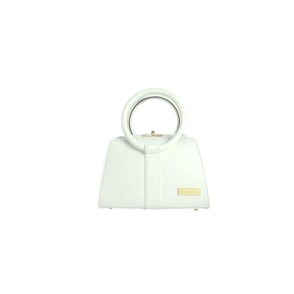 white kaila katherine vegan leather bloomsbury handbag with circular handle